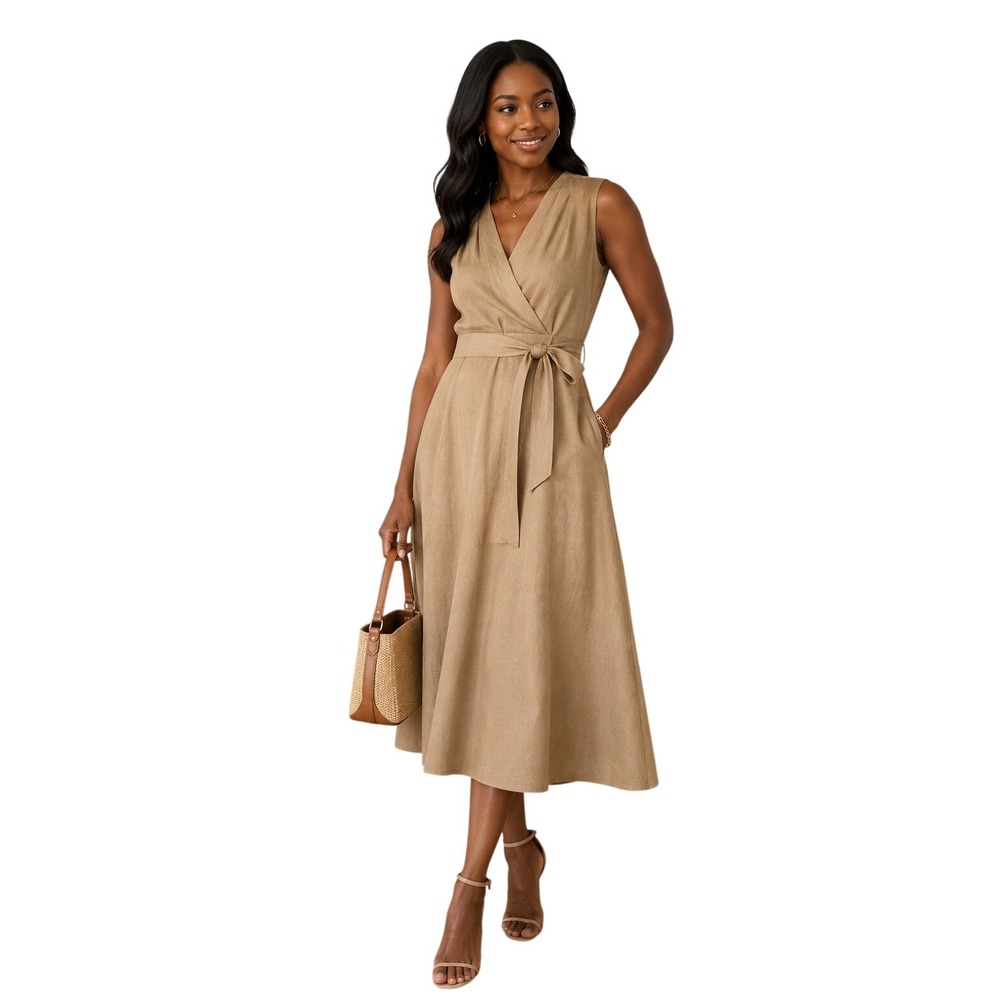 DKNY Linen Blend Wrap Midi Dress Women's 10 Tan Belted Sleeveless